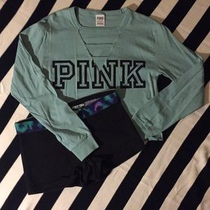 VS Pink campus top yoga shorts bundle